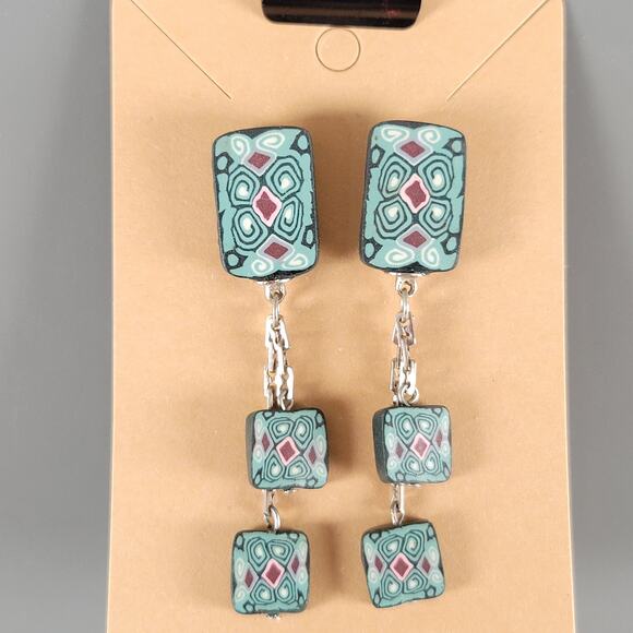 Handmade Polymer Clay Dangle Earrings Teal Pink Black Geometric Pattern Pierced - Picture 10 of 12